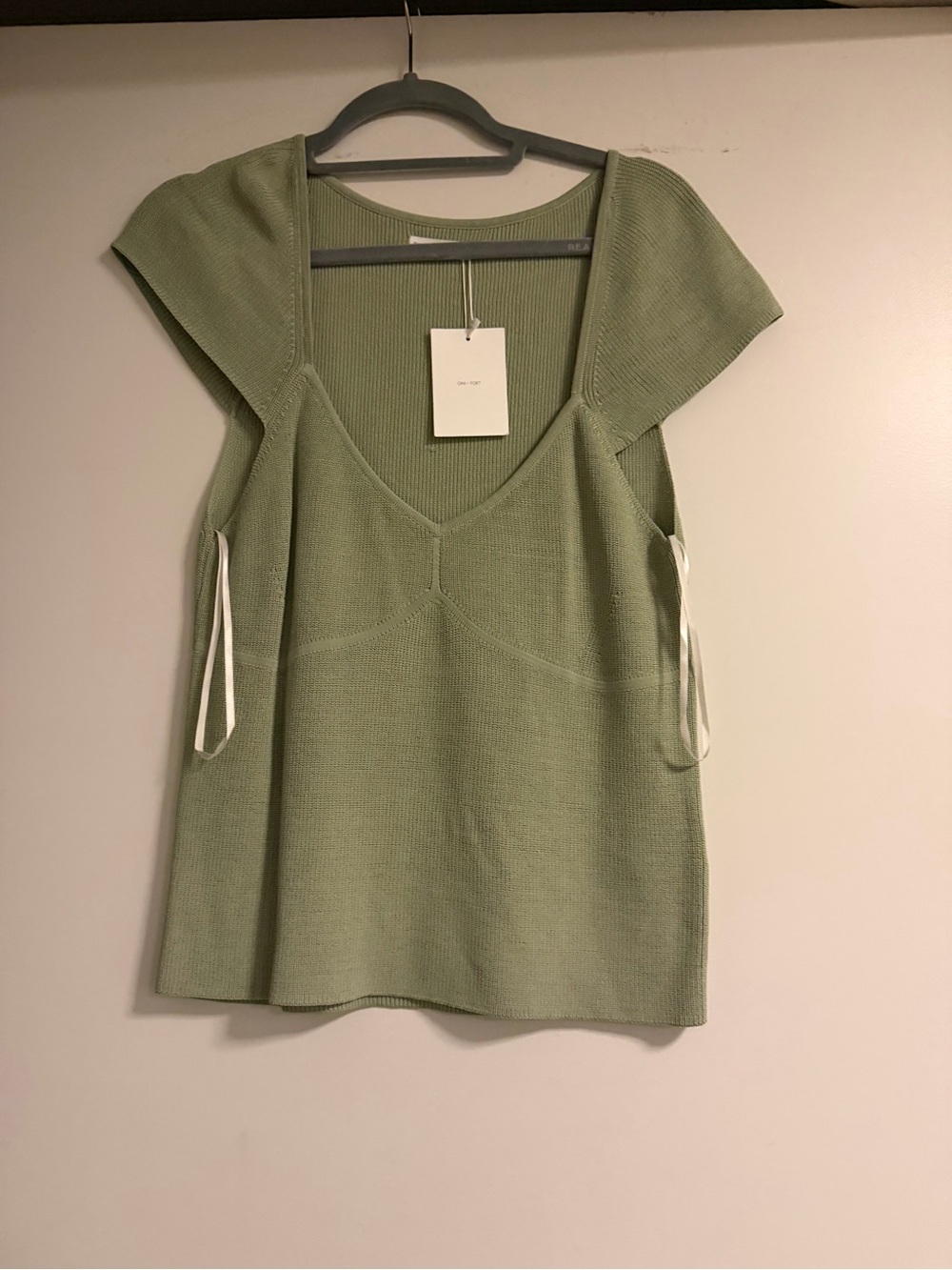 OAK + FORT Sage Green Knit V-Neck Tank with Side Tie Detail